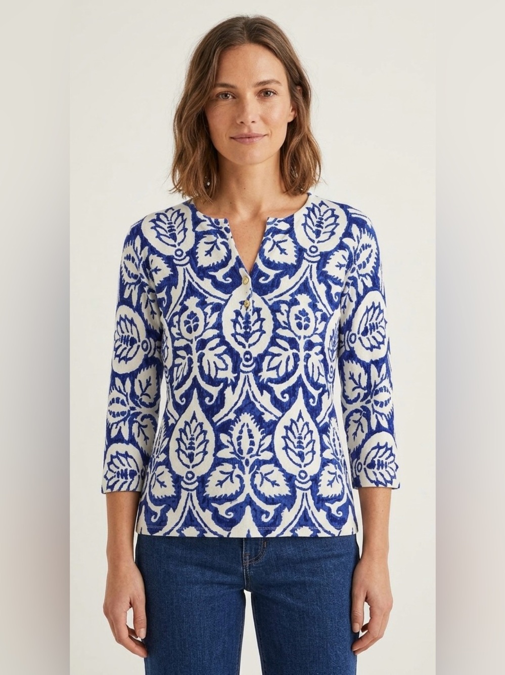 J McLaughlin Womens Blue White Damask Ikat Print Split Neck Henley Top